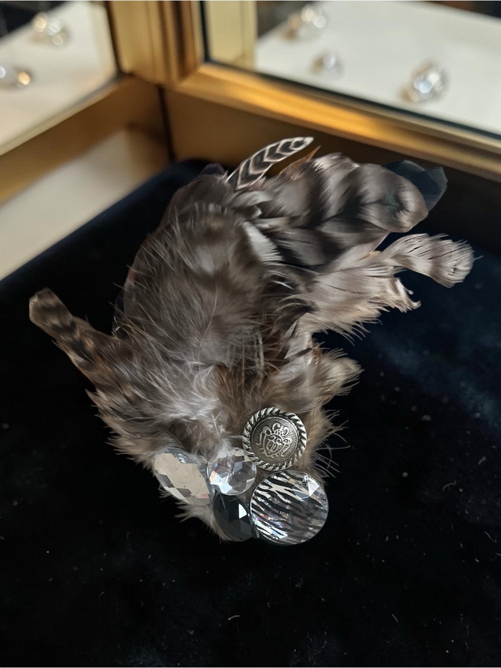 Feather and Crystal Ring - Brown and Silver